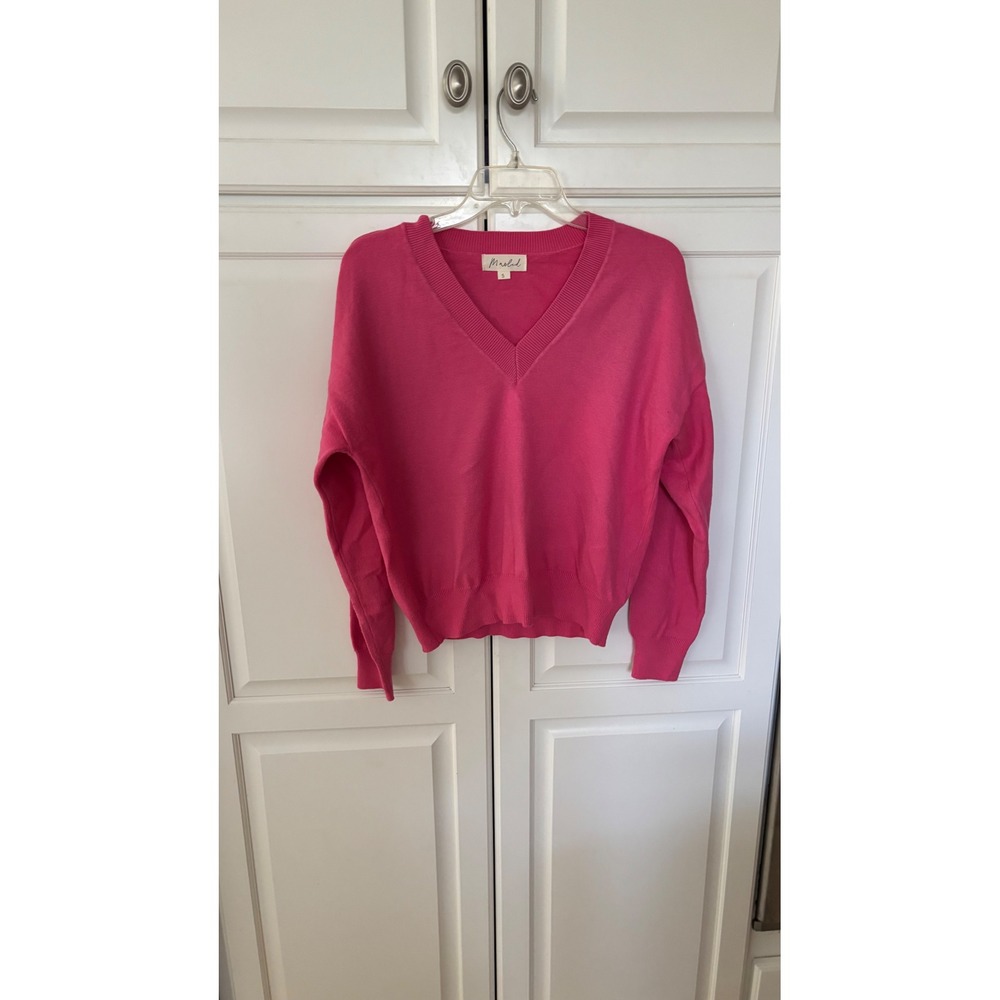 Marled Hot Pink V-Neck Knit Sweater Womens Small Rayon Bld Long Sleeve Pullover